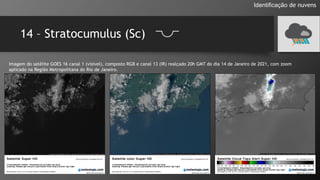 14 – Stratocumulus (Sc)
Identificação de nuvens
Imagem do satélite GOES 16 canal 1 (visível), composto RGB e canal 13 (IR) realçado 20h GMT do dia 14 de Janeiro de 2021, com zoom
aplicado na Região Metropolitana do Rio de Janeiro.
 