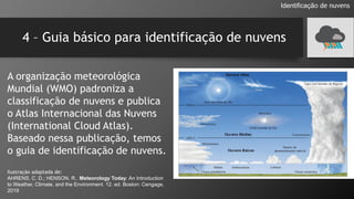 4 – Guia básico para identificação de nuvens
A organização meteorológica
Mundial (WMO) padroniza a
classificação de nuvens e publica
o Atlas Internacional das Nuvens
(International Cloud Atlas).
Baseado nessa publicação, temos
o guia de identificação de nuvens.
Ilustração adaptada de:
AHRENS, C. D.; HENSON, R.. Meteorology Today: An Introduction
to Weather, Climate, and the Environment. 12. ed. Boston: Cengage,
2019
Identificação de nuvens
 