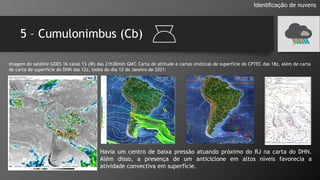 5 – Cumulonimbus (Cb)
Identificação de nuvens
Imagem do satélite GOES 16 canal 13 (IR) das 21h30min GMT, Carta de altitude e cartas sinóticas de superfície do CPTEC das 18z, além de carta
de carta de superfície do DHN das 12z, todos do dia 12 de Janeiro de 2021:
Havia um centro de baixa pressão atuando próximo do RJ na carta do DHN.
Além disso, a presença de um anticiclone em altos níveis favorecia a
atividade convectiva em superfície.
 