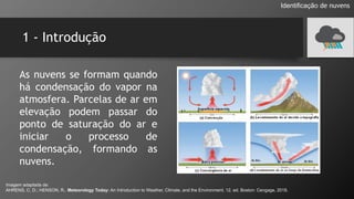 1 - Introdução
As nuvens se formam quando
há condensação do vapor na
atmosfera. Parcelas de ar em
elevação podem passar do
ponto de saturação do ar e
iniciar o processo de
condensação, formando as
nuvens.
Identificação de nuvens
Imagem adaptada de:
AHRENS, C. D.; HENSON, R.. Meteorology Today: An Introduction to Weather, Climate, and the Environment. 12. ed. Boston: Cengage, 2019.
 