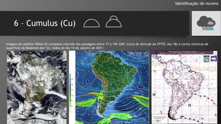 6 – Cumulus (Cu)
Identificação de nuvens
Imagem do satélite NOAA-20 composto colorido das passagens entre 17 e 19h GMT, Carta de altitude do CPTEC das 18z e cartas sinóticas de
superfície da Redemet das 12z, todos do dia 14 de Janeiro de 2021:
 