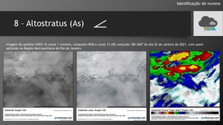 8 – Altostratus (As)
Identificação de nuvens
Imagem do satélite GOES 16 canal 1 (visível), composto RGB e canal 13 (IR) realçado 18h GMT do dia 22 de Janeiro de 2021, com zoom
aplicado na Região Metropolitana do Rio de Janeiro.
 