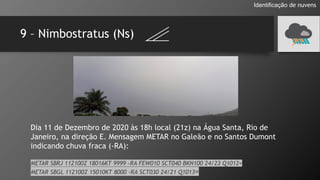 9 – Nimbostratus (Ns)
Identificação de nuvens
Dia 11 de Dezembro de 2020 às 18h local (21z) na Água Santa, Rio de
Janeiro, na direção E. Mensagem METAR no Galeão e no Santos Dumont
indicando chuva fraca (-RA):
METAR SBRJ 112100Z 18016KT 9999 -RA FEW010 SCT040 BKN100 24/23 Q1012=
METAR SBGL 112100Z 15010KT 8000 -RA SCT030 24/21 Q1013=
 