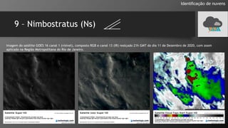 9 – Nimbostratus (Ns)
Identificação de nuvens
Imagem do satélite GOES 16 canal 1 (visível), composto RGB e canal 13 (IR) realçado 21h GMT do dia 11 de Dezembro de 2020, com zoom
aplicado na Região Metropolitana do Rio de Janeiro.
 