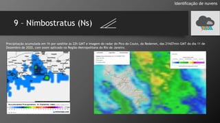 9 – Nimbostratus (Ns)
Identificação de nuvens
Precipitação acumulada em 1h por satélite às 22h GMT e imagem do radar do Pico do Couto, da Redemet, das 21h07min GMT do dia 11 de
Dezembro de 2020, com zoom aplicado na Região Metropolitana do Rio de Janeiro.
 
