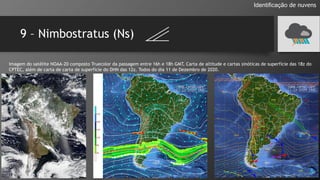 9 – Nimbostratus (Ns)
Identificação de nuvens
Imagem do satélite NOAA-20 composto Truecolor da passagem entre 16h e 18h GMT, Carta de altitude e cartas sinóticas de superfície das 18z do
CPTEC, além de carta de carta de superfície do DHN das 12z. Todos do dia 11 de Dezembro de 2020.
 