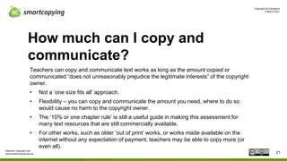 Copyright for Educators
4 March 2021
National Copyright Unit
www.smartcopying.edu.au
How much can I copy and
communicate?
Teachers can copy and communicate text works as long as the amount copied or
communicated “does not unreasonably prejudice the legitimate interests” of the copyright
owner.
• Not a ‘one size fits all’ approach.
• Flexibility – you can copy and communicate the amount you need, where to do so
would cause no harm to the copyright owner.
• The ‘10% or one chapter rule’ is still a useful guide in making this assessment for
many text resources that are still commercially available.
• For other works, such as older ‘out of print’ works, or works made available on the
internet without any expectation of payment, teachers may be able to copy more (or
even all).
21
 