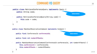 20
COMMAND VS QUERY
@gboissinot
Commands & queries are simple POJOs
MARKED INTERFACE
MARKED INTERFACE
 