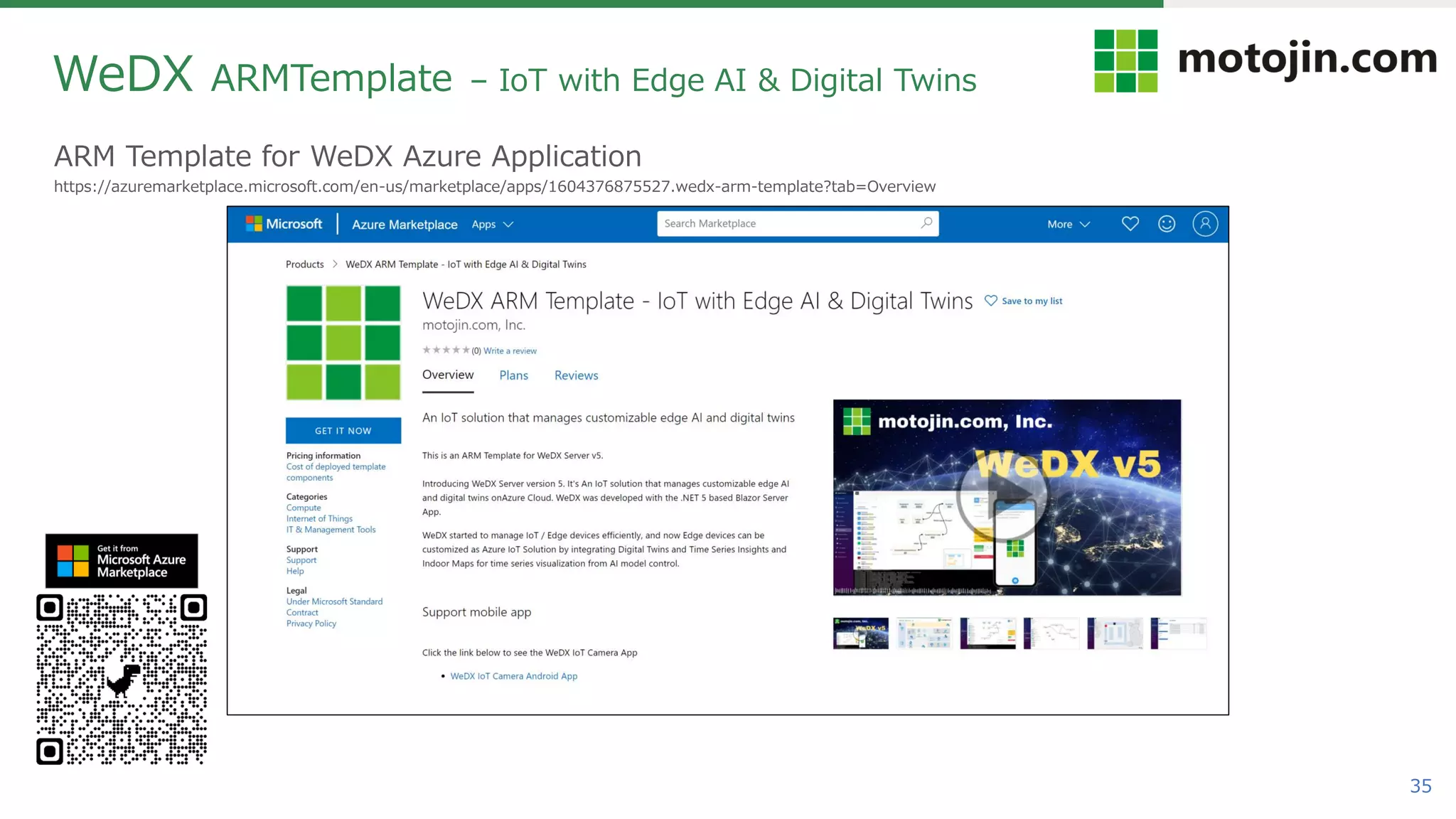 35
ARM Template for WeDX Azure Application
https://azuremarketplace.microsoft.com/en-us/marketplace/apps/1604376875527.wedx-arm-template?tab=Overview
WeDX ARMTemplate – IoT with Edge AI & Digital Twins
 
