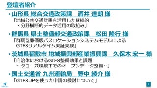 6
登壇者紹介
•山形県 総合交通政策課 酒井 達朗 様
「地域公共交通計画を活用した継続的
・分野横断的データ活用の取組み」
•群馬県 県土整備部交通政策課 松田 隆行 様
「群馬型廉価版バスロケーションシステムモデルによる
GTFSリアルタイム実証実験」
•茨城県稲敷市 地域振興部産業振興課 久保木 宏一 様
「自治体におけるGTFS整備効果と課題
～クローズ環境下でのオープンデータ整備～」
•国土交通省 九州運輸局 野中 綾介 様
「GTFS-JPを使った申請の検討について」
 