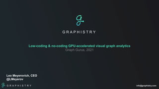 G R A P H I S T R Y info@graphistry.com
G R A P H I S T R Y
Low-coding & no-coding GPU-accelerated visual graph analytics
Graph Gurus, 2021
Leo Meyerovich, CEO
@LMeyerov
 