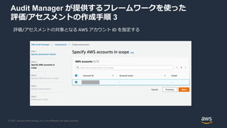 © 2021, Amazon Web Services, Inc. or its Affiliates. All rights reserved.
Audit Manager が提供するフレームワークを使った
評価/アセスメントの作成手順 3
...