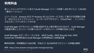 © 2021, Amazon Web Services, Inc. or its Affiliates. All rights reserved.
利用料金
各リージョンのアカウントあたりAudit Manager リソース評価 1,000 件...