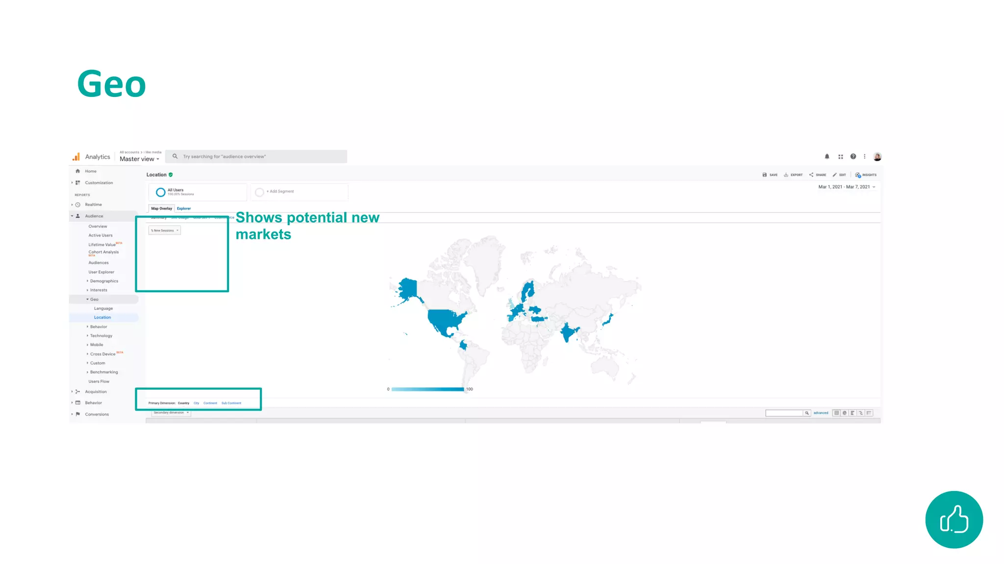 Geo
Shows potential new
markets
 