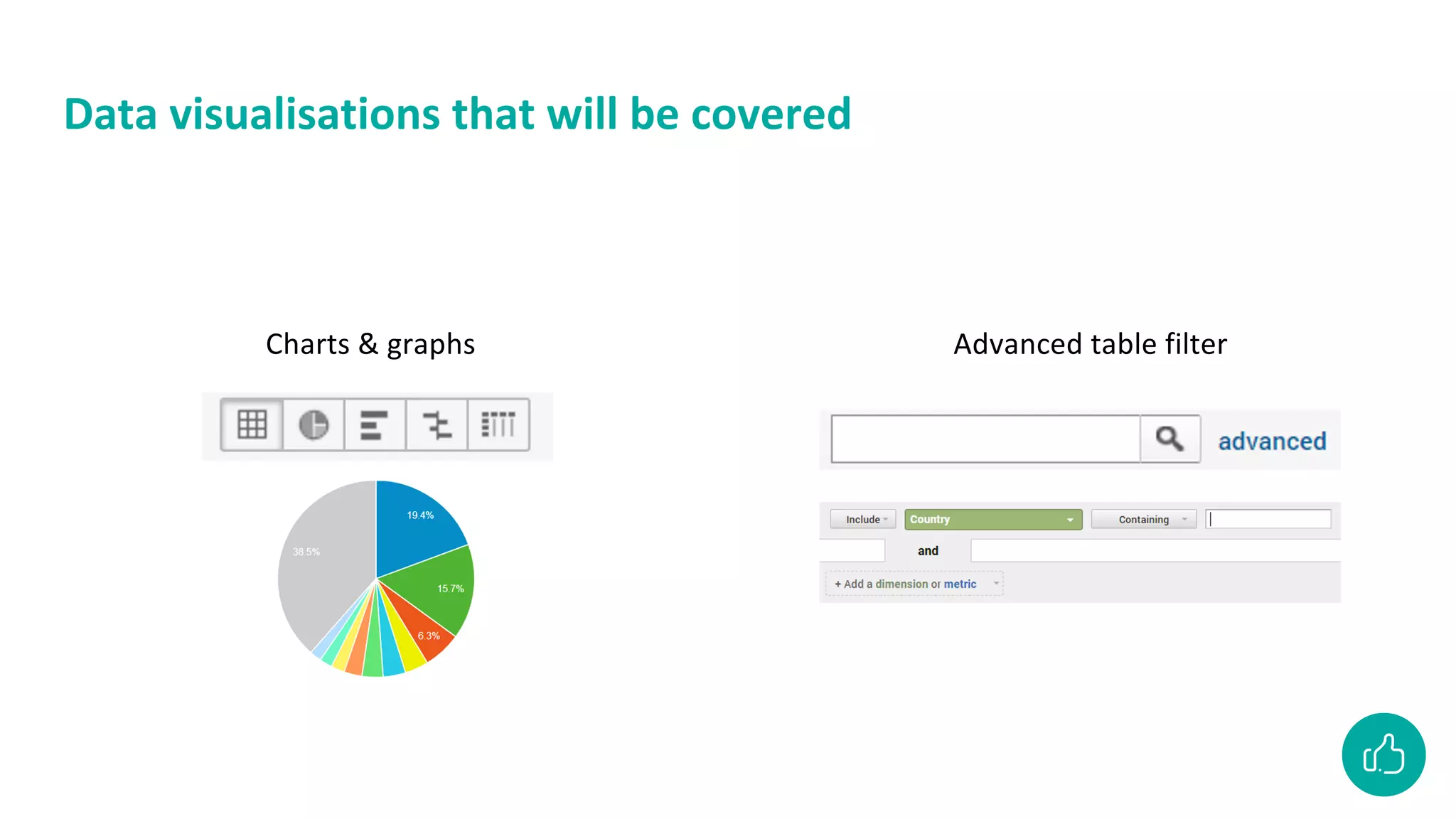Data visualisations that will be covered
Charts & graphs Advanced table filter
 