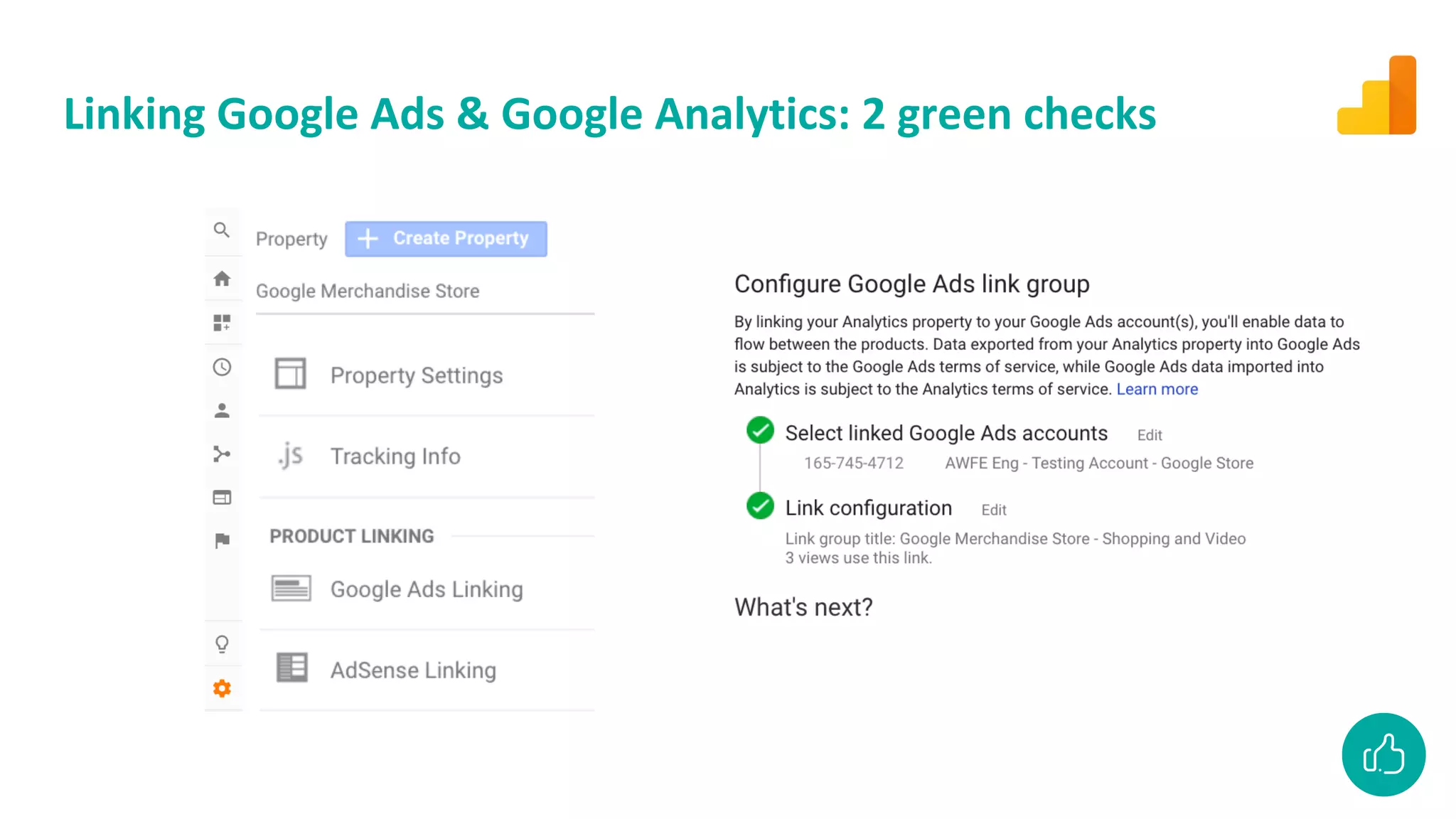 Linking Google Ads & Google Analytics: 2 green checks
 