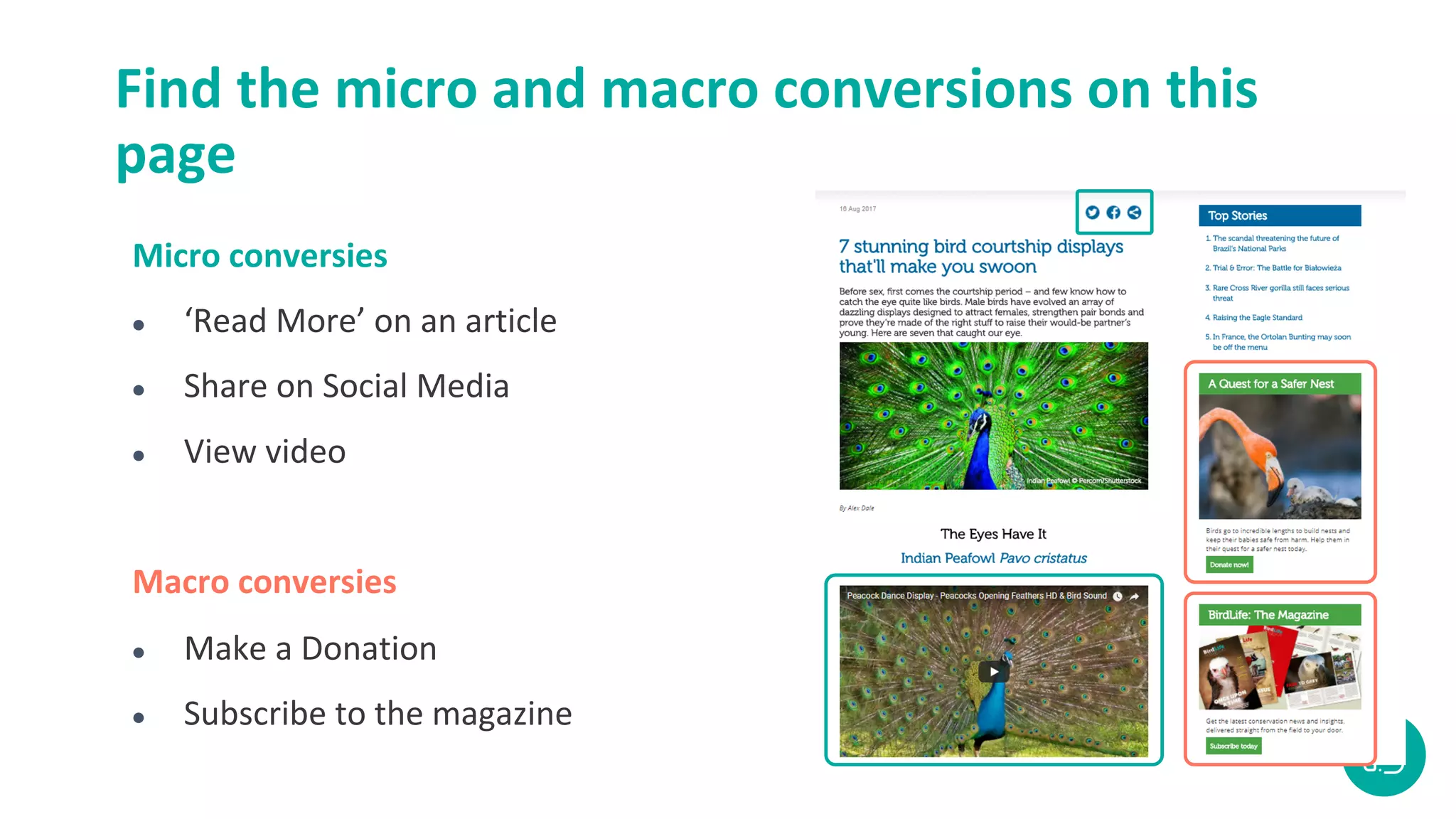 Find the micro and macro conversions on this
page
Micro conversies
● ‘Read More’ on an article
● Share on Social Media
● View video
Macro conversies
● Make a Donation
● Subscribe to the magazine
 