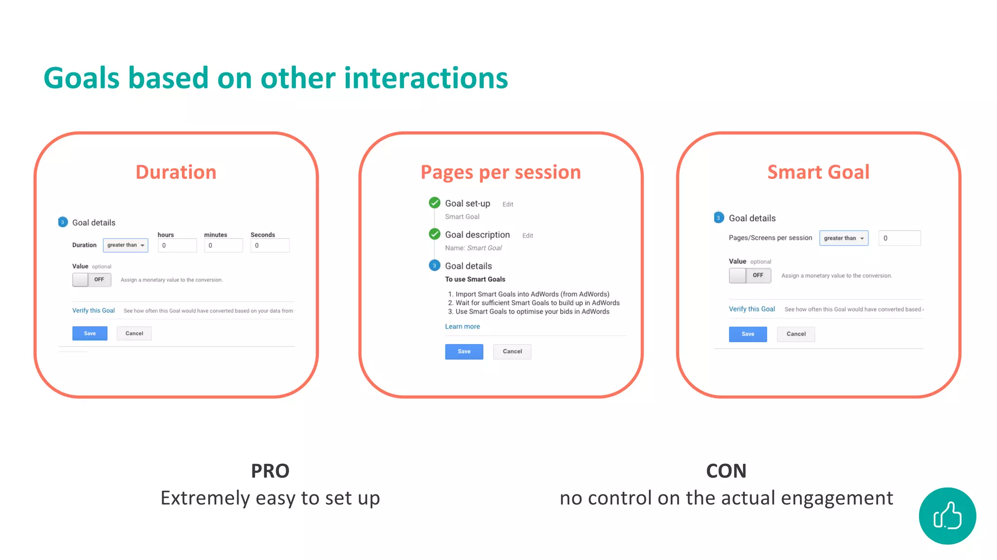 Goals based on other interactions
Duration Smart Goal
Pages per session
PRO
Extremely easy to set up
CON
no control on the actual engagement
 