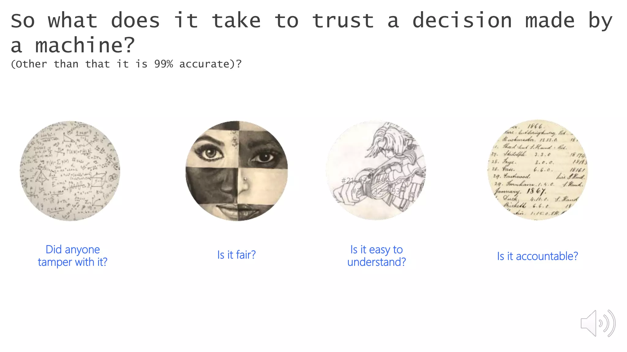 Is it fair?
Is it easy to
understand?
Is it accountable?
So what does it take to trust a decision made by
a machine?
(Other than that it is 99% accurate)?
Did anyone
tamper with it?
#21, #32, #93
#21, #32, #93
 