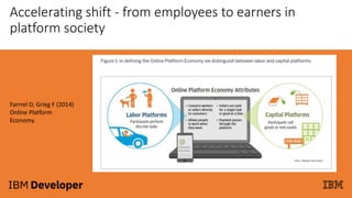 Accelerating shift - from employees to earners in
platform society
Farrrel D, Grieg F (2014)
Online Platform
Economy.
 
