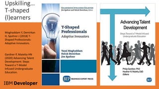 Upskilling…
T-shaped
(l)earners
Gardner P, Maietta HN
(2020) Advancing Talent
Development: Steps
Toward a T-Model
Infused Undergraduate
Education.
Moghaddam Y, Demirkan
H, Spohrer J (2018) T-
Shaped Professionals:
Adaptive Innovators.
 
