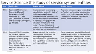 Service Science the study of service system entities
3/10/2021 (c) IBM MAP COG .| 75
Year Publication Service Science Service System
2016 Spohrer J (2016) Services
Science and Societal
Convergence. In W.S.
Bainbridge, M.C. Roco
(eds.),Handbook of Science
and Technology Convergence,
pp. 323-335
Service science is an emerging
transdiscipline for the (1) study of
evolving ecology of nested,
networked service system entities
and value co-creation phenomena,
as well as (2) pedagogy for the
education of the twenty-first-
century T-shaped (depth and
breadth) service innovators from all
disciplines, sectors, and cultures.
As service science emerges, we can begin
by “seeing” and counting service system
entities in an evolving ecology, working to
“understand” and make explicit their
implicit processes of valuing …
2016 Spohrer J (2016) Innovation
for jobs with cognitive
assistants: A service science
perspective, In Disrupting
Unemployment ,
Eds. Nordfors, Cerf,
Seng, Missouri: Ewing Marion
Kauffman Foundation, Pp.
157-174.
Service science is the emerging
transdiscipline that studies the
evolving ecology of nested,
networked service system entities,
their capabilities, constraints, rights,
and responsibilities.
There are perhaps twenty billion formal
service system entities in the world today,
each governed in part by formal written
laws. Every person, household, university,
business, and government is a formal
service system entity, but my dog, my
smartphone, and my ideas are not.
 