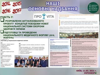 УЧАСТЬ У:
РОЗРОБЛЕННІ АКТУАЛІЗОВАНОГО
ПРОЕКТУ КОНЦЕПЦІЇ ПОБУДОВИ НОВОЇ
НАЦІОНАЛЬНОЇ СИСТЕМИ ОХОРОНИ
ЗДОРОВ’Я УКРАЇНИ
ПІДГОТОВЦІ ТА ПРОВЕДЕННІ
НАЦІОНАЛЬНОГО МЕДИЧНОГО ФОРУМУ (2018,
ЖОВТЕНЬ)
КИЇВ, 11.03. 2021 Р.
УКРІНФОРМ
 