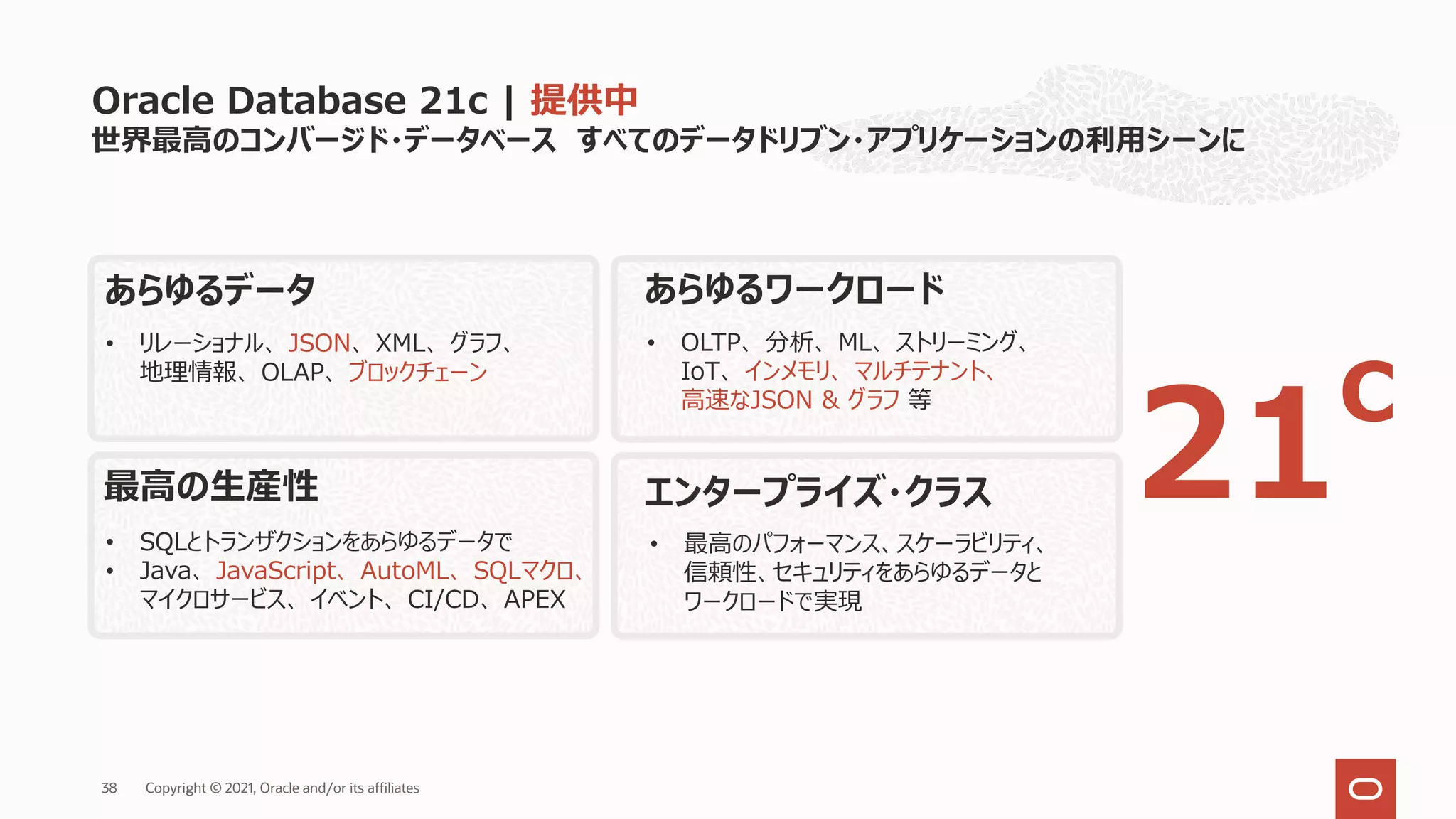 世界最⾼のコンバージド・データベース すべてのデータドリブン・アプリケーションの利⽤シーンに
Oracle Database 21c | 提供中
エンタープライズ・クラス
あらゆるデータ
• 最⾼のパフォーマンス、スケーラビリティ、
信頼性、セキュリティをあらゆるデータと
ワークロードで実現
• OLTP、 分析、 ML、 ストリーミング、
IoT、 インメモリ、 マルチテナント、
⾼速なJSON & グラフ 等
• リレーショナル、 JSON、 XML、 グラフ、
地理情報、 OLAP、 ブロックチェーン
• SQLとトランザクションをあらゆるデータで
• Java、 JavaScript、 AutoML、 SQLマクロ、
マイクロサービス、 イベント、 CI/CD、 APEX
あらゆるワークロード
最⾼の⽣産性 21
c
38 Copyright © 2021, Oracle and/or its affiliates
 