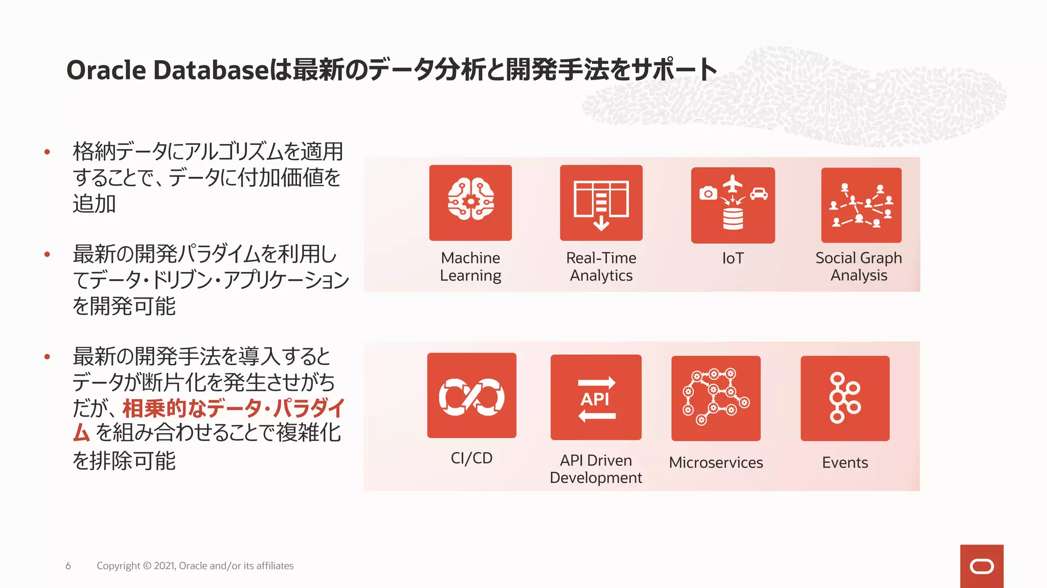 Oracle Databaseは最新のデータ分析と開発⼿法をサポート
Copyright © 2021, Oracle and/or its affiliates
6
CI/CD Microservices Events
API Driven
Development
API
Machine
Learning
Real-Time
Analytics
Social Graph
Analysis
IoT
• 格納データにアルゴリズムを適⽤
することで、データに付加価値を
追加
• 最新の開発パラダイムを利⽤し
てデータ・ドリブン・アプリケーション
を開発可能
• 最新の開発⼿法を導⼊すると
データが断⽚化を発⽣させがち
だが、相乗的なデータ・パラダイ
ム を組み合わせることで複雑化
を排除可能
 