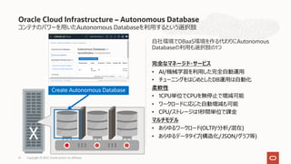 コンテナのパワーを⽤いたAutonomous Databaseを利⽤するという選択肢
⾃社環境でDBaaS環境を作る代わりにAutonomous
Databaseの利⽤も選択肢の1つ
完全なマネージド・サービス
• AI/機械学習を利⽤した完全⾃動運⽤
• チューニングをはじめとしたDB運⽤は⾃動化
柔軟性
• 1CPU単位でCPUを無停⽌で増減可能
• ワークロードに応じた⾃動増減も可能
• CPU/ストレージは1秒間単位で課⾦
マルチモデル
• あらゆるワークロード(OLTP/分析/混在)
• あらゆるデータタイプ(構造化/JSON/グラフ等)
Oracle Cloud Infrastructure – Autonomous Database
Copyright © 2021, Oracle and/or its affiliates
41
Create Autonomous Database
 