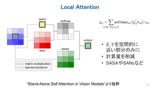 Local Attention
17
“Stand-Alone Self Attention in Vision Models”より抜粋
• 𝐾, 𝑉を空間的に
近い部分のみに
• 計算量を削減
• SASAやSANsなど
 