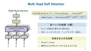 Multi Head Self Attention
8
各ヘッドの処理（h個）
• Q, K, Vを適当な重みWで埋め込む
• Wは（トークンサイズ，ヘッドサイズ）の重み
全体をまとめる処理
• Concat + Linear
• 通常は入力と同じサイズになるようにする
 