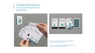 Foresight Playing Cards
Futures thinking resource
(April 2016)
Learn more: https://www.mcguinnessinstitute.org/events/
workshops/foresightnz-workshop-2/
Link to purchase: https://mcguinnessinstitute.bigcartel.com/
product/2016-foresightnz-playing-cards
3
 