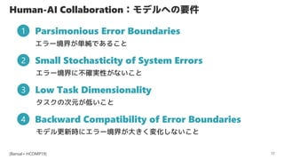 Human-AI CollaborationǥؤҪ
17
[Bansal+ HCOMP19]
1 Parsimonious Error Boundaries
2 Small Stochasticity of System Errors
3 Low Task Dimensionality
4 Backward Compatibility of Error Boundaries
`礬gǤ뤳
`˲_gԤʤ
δԪͤ
ǥr˥`礬󤭤仯ʤ
 