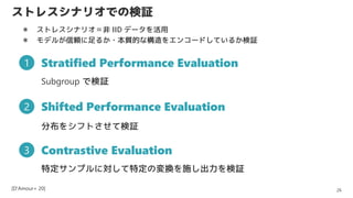 ȥ쥹ʥꥪǤΗ^
26
 ȥ쥹ʥꥪ IID ǩ`
 ǥ뤬m뤫?|Ĥʘ򥨥󥳩`ɤƤ뤫^
1 Stratified Performance Evaluation
2 Shifted Performance Evaluation
3 Contrastive Evaluation
Subgroup Ǘ^
ֲ򥷥եȤƗ^
ضץˌضΉQʩ^
[D'Amour+ 20]
 