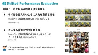 Shifted Performance Evaluation
28
2
Ӗǩ`ηֲȮʤֲ
 ٥䤨ʤ褦Q
ImageNet λQ ImageNetC ʤ
 ǩ`΅η䤨
ImageNet ˺ޤʤ褦ʥ쥮`
`򼯤᤿ObjectNet ʤ
[Hendrycks+ 19]
[Barbu+ 19]
ɤʉQ뤫/ɤäƥǩ`򼯤ʤ
FgĤˤϴ󤭤ʆ}
 
