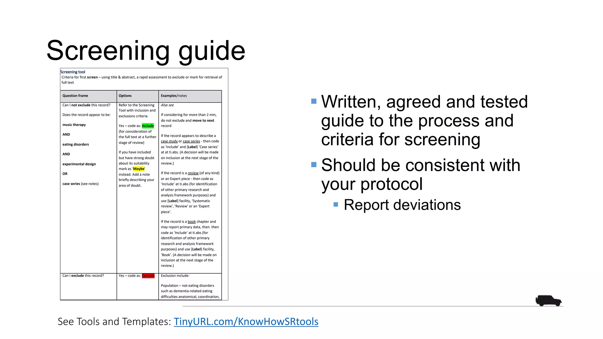 Screening guide
Screening tool
Criteria for first screen – using title & abstract, a rapid assessment to exclude or mark for retrieval of
full text
Question frame Options Examples/notes
Can I not exclude this record?
Does the record appear to be:
music therapy
AND
eating disorders
AND
experimental design
OR
case series (see notes)
Refer to the Screening
Tool with inclusion and
exclusions criteria.
Yes – code as: Include
(for consideration of
the full text at a further
stage of review)
If you have included
but have strong doubt
about its suitability
mark as ‘Maybe’
instead. Add a note
briefly describing your
area of doubt.
Also see
If considering for more than 2 min,
do not exclude and move to next
record
If the record appears to describe a
case study or case series - then code
as ‘Include’ and [Label] ‘Case series’
at at ti.abs. (A decision will be made
on inclusion at the next stage of the
review.)
If the record is a review (of any kind)
or an Expert piece - then code as
‘Include’ at ti.abs (for identification
of other primary research and
analysis framework purposes) and
use [Label] facility, ‘Systematic
review’, ‘Review’ or an ‘Expert
piece’.
If the record is a book chapter and
may report primary data, then. then
code as ‘Include’ at ti.abs (for
identification of other primary
research and analysis framework
purposes) and use [Label] facility,
‘Book’. (A decision will be made on
inclusion at the next stage of the
review.)
Can I exclude this record? Yes – code as: Exclude Exclusion include:
Population – not eating disorders
such as dementia-related eating
difficulties anatomical, coordination,
§ Written, agreed and tested
guide to the process and
criteria for screening
§ Should be consistent with
your protocol
§ Report deviations
See Tools and Templates: TinyURL.com/KnowHowSRtools
 