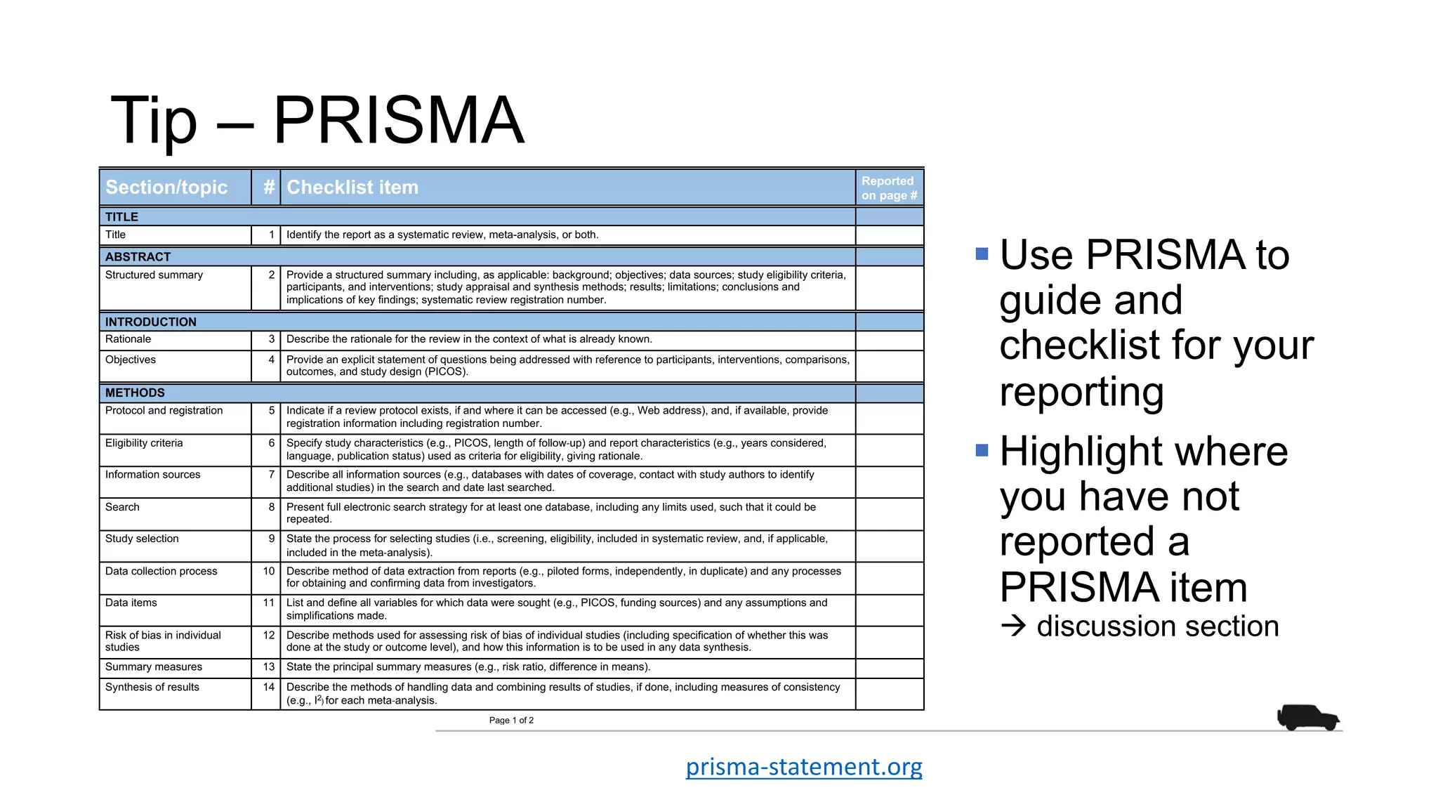 PRISMA 2009 Checklist
Section/topic # Checklist item Reported
on page #
TITLE
Title 1 Identify the report as a systematic review, meta-analysis, or both.
ABSTRACT
Structured summary 2 Provide a structured summary including, as applicable: background; objectives; data sources; study eligibility criteria,
participants, and interventions; study appraisal and synthesis methods; results; limitations; conclusions and
implications of key findings; systematic review registration number.
INTRODUCTION
Rationale 3 Describe the rationale for the review in the context of what is already known.
Objectives 4 Provide an explicit statement of questions being addressed with reference to participants, interventions, comparisons,
outcomes, and study design (PICOS).
METHODS
Protocol and registration 5 Indicate if a review protocol exists, if and where it can be accessed (e.g., Web address), and, if available, provide
registration information including registration number.
Eligibility criteria 6 Specify study characteristics (e.g., PICOS, length of follow-up) and report characteristics (e.g., years considered,
language, publication status) used as criteria for eligibility, giving rationale.
Information sources 7 Describe all information sources (e.g., databases with dates of coverage, contact with study authors to identify
additional studies) in the search and date last searched.
Search 8 Present full electronic search strategy for at least one database, including any limits used, such that it could be
repeated.
Study selection 9 State the process for selecting studies (i.e., screening, eligibility, included in systematic review, and, if applicable,
included in the meta-analysis).
Data collection process 10 Describe method of data extraction from reports (e.g., piloted forms, independently, in duplicate) and any processes
for obtaining and confirming data from investigators.
Data items 11 List and define all variables for which data were sought (e.g., PICOS, funding sources) and any assumptions and
simplifications made.
Risk of bias in individual
studies
12 Describe methods used for assessing risk of bias of individual studies (including specification of whether this was
done at the study or outcome level), and how this information is to be used in any data synthesis.
Summary measures 13 State the principal summary measures (e.g., risk ratio, difference in means).
Synthesis of results 14 Describe the methods of handling data and combining results of studies, if done, including measures of consistency
(e.g., I2) for each meta-analysis.
Page 1 of 2
Tip – PRISMA
§ Use PRISMA to
guide and
checklist for your
reporting
§ Highlight where
you have not
reported a
PRISMA item
à discussion section
prisma-statement.org
 