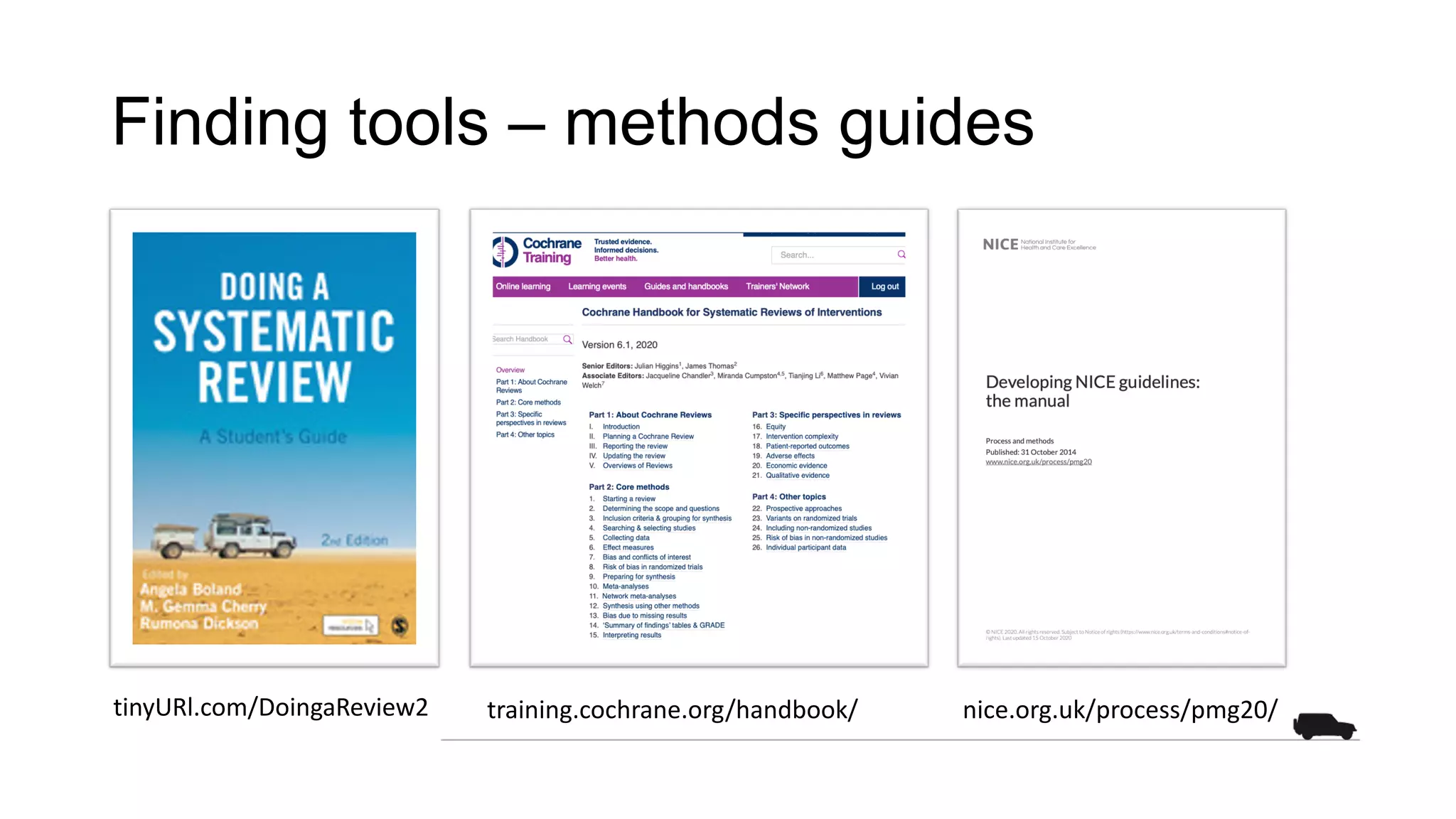 Finding tools – methods guides
nice.org.uk/process/pmg20/
training.cochrane.org/handbook/
tinyURl.com/DoingaReview2
 
