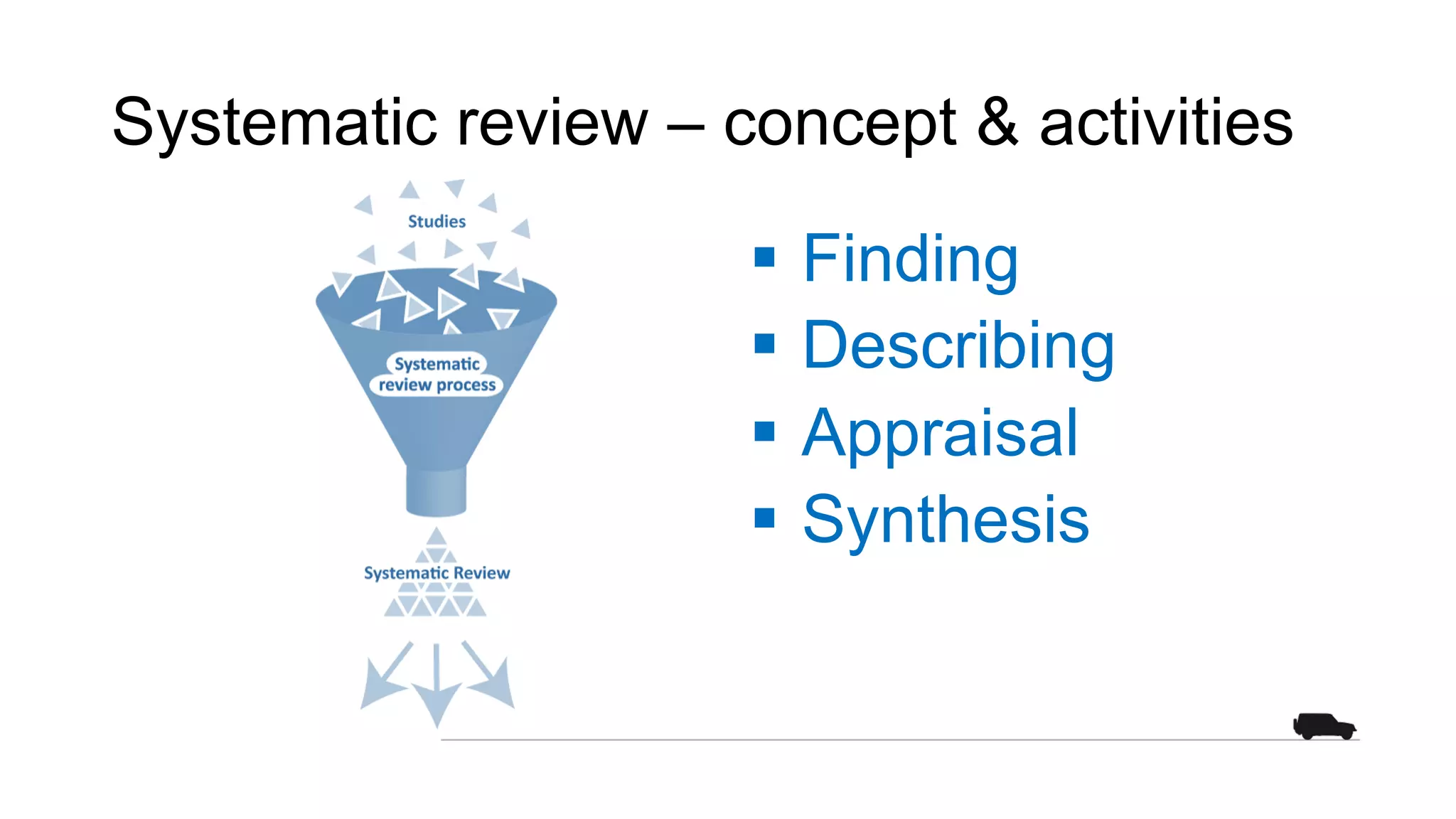 Systematic review – concept & activities
§ Finding
§ Describing
§ Appraisal
§ Synthesis
 