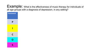 Example: What is the effectiveness of music therapy for individuals of
all age groups with a diagnosis of depression, in a...