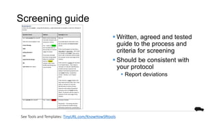 Screening guide
Screening tool
Criteria for first screen – using title & abstract, a rapid assessment to exclude or mark for retrieval of
full text
Question frame Options Examples/notes
Can I not exclude this record?
Does the record appear to be:
music therapy
AND
eating disorders
AND
experimental design
OR
case series (see notes)
Refer to the Screening
Tool with inclusion and
exclusions criteria.
Yes – code as: Include
(for consideration of
the full text at a further
stage of review)
If you have included
but have strong doubt
about its suitability
mark as ‘Maybe’
instead. Add a note
briefly describing your
area of doubt.
Also see
If considering for more than 2 min,
do not exclude and move to next
record
If the record appears to describe a
case study or case series - then code
as ‘Include’ and [Label] ‘Case series’
at at ti.abs. (A decision will be made
on inclusion at the next stage of the
review.)
If the record is a review (of any kind)
or an Expert piece - then code as
‘Include’ at ti.abs (for identification
of other primary research and
analysis framework purposes) and
use [Label] facility, ‘Systematic
review’, ‘Review’ or an ‘Expert
piece’.
If the record is a book chapter and
may report primary data, then. then
code as ‘Include’ at ti.abs (for
identification of other primary
research and analysis framework
purposes) and use [Label] facility,
‘Book’. (A decision will be made on
inclusion at the next stage of the
review.)
Can I exclude this record? Yes – code as: Exclude Exclusion include:
Population – not eating disorders
such as dementia-related eating
difficulties anatomical, coordination,
§ Written, agreed and tested
guide to the process and
criteria for screening
§ Should be consistent with
your protocol
§ Report deviations
See Tools and Templates: TinyURL.com/KnowHowSRtools
 