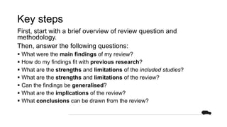 Key steps
First, start with a brief overview of review question and
methodology.
Then, answer the following questions:
§ What were the main findings of my review?
§ How do my findings fit with previous research?
§ What are the strengths and limitations of the included studies?
§ What are the strengths and limitations of the review?
§ Can the findings be generalised?
§ What are the implications of the review?
§ What conclusions can be drawn from the review?
 