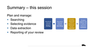 Summary – this session
Plan and manage:
§ Searching
§ Selecting evidence
§ Data extraction
§ Reporting of your review
Iden...