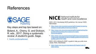 References
Key steps and top tips based on:
Boland, A., Cherry, G. and Dickson,
R. eds., 2017. Doing a systematic
review: A student's guide. Sage.
§ TinyURL.com/DoingaReview2
NICE, 2014. Developing NICE guidelines: the manual. NICE,
Manchester
§ https://www.nice.org.uk/process/pmg20/chapter/reviewing-
research-evidence#summarising-evidence
§ https://www.nice.org.uk/process/pmg20/chapter/writing-the-
guideline#interpreting-the-evidence-to-make-
recommendations
§ https://www.nice.org.uk/process/pmg20/resources/appendix-
h-appraisal-checklists-evidence-tables-grade-and-economic-
profiles-pdf-8779777885
NICE, 2016. Writing for NICE: a guide to help you write more
clearly. NICE, Manchester
§ https://www.nice.org.uk/corporate/ecd2/chapter/rules-of-
clear-writing
 