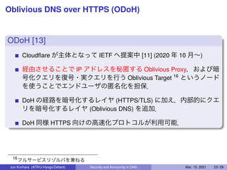 Oblivious DNS over HTTPS (ODoH)
ODoH [13]
Cloudﬂare が主体となって IETF へ提案中 [11] (2020 年 10 月∼)
経由させることで IP アドレスを秘匿する Oblivious ...