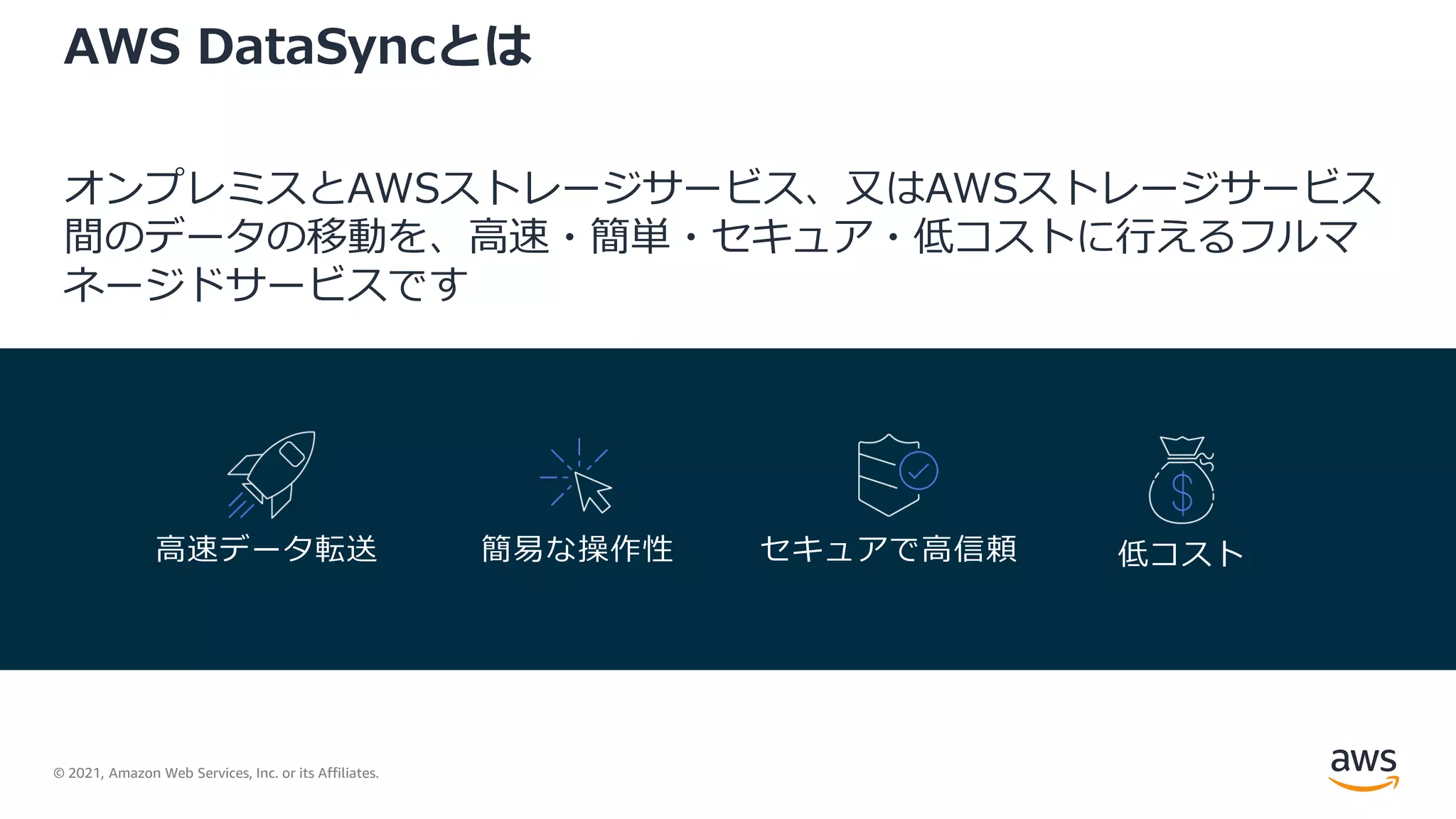 © 2021, Amazon Web Services, Inc. or its Affiliates.
AWS DataSyncとは
オンプレミスとAWSストレージサービス、又はAWSストレージサービス
間のデータの移動を、高速・簡単・セキュア・低コストに行えるフルマ
ネージドサービスです
高速データ転送 低コスト
簡易な操作性 セキュアで高信頼
 