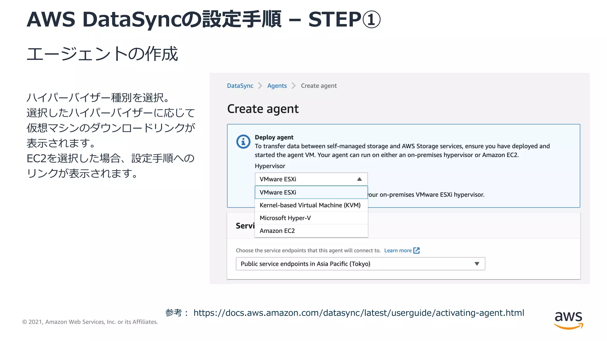 © 2021, Amazon Web Services, Inc. or its Affiliates.
AWS DataSyncの設定手順 – STEP①
エージェントの作成
ハイパーバイザー種別を選択。
選択したハイパーバイザーに応じて
仮想マシンのダウンロードリンクが
表示されます。
EC2を選択した場合、設定手順への
リンクが表示されます。
参考： https://docs.aws.amazon.com/datasync/latest/userguide/activating-agent.html
 