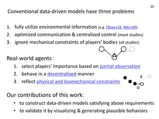 Conventional data-driven models have three problems
1. fully utilize environmental information (e.g. [Zhan+19, Yeh+19])
2. optimized communication & centralized control (most studies)
3. ignore mechanical constraints of players’ bodies (all studies)
Real-world agents：
1. select players’ importance based on partial observation
2. behave in a decentralized manner
3. reflect physical and biomechanical constraints
Our contributions of this work:
• to construct data-driven models satisfying above requirements
• to validate it by visualizing & generating plausible behaviors
o
x
20
 