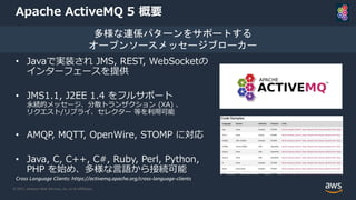 © 2021, Amazon Web Services, Inc. or its Affiliates.
Apache ActiveMQ 5 概要
• Javaで実装され JMS, REST, WebSocketの
インターフェースを提供
• JMS1.1, J2EE 1.4 をフルサポート
永続的メッセージ、分散トランザクション (XA) 、
リクエスト/リプライ、セレクター 等を利用可能
• AMQP, MQTT, OpenWire, STOMP に対応
• Java, C, C++, C#, Ruby, Perl, Python,
PHP を始め、多様な言語から接続可能
多様な連係パターンをサポートする
オープンソースメッセージブローカー
Cross Language Clients: https://activemq.apache.org/cross-language-clients
 